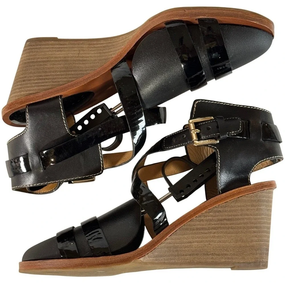 Coach Black Leather Patent Wedge Sandals Ankle Strap 3